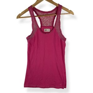Hollister Tank Top Womens Size Medium Hot Pink Lace Racerback Y2K Coquette Girly